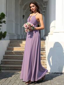 Volly Toych 薰衣草色优雅A字褶皱雪纺正式伴娘礼服、婚礼宾客礼服、假日长裙 - 淺灰紫 - 查看 5