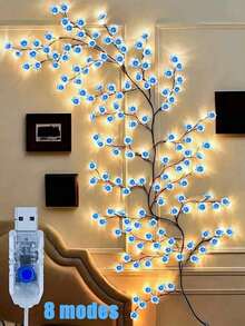 96颗LED蓝色樱花藤蔓灯，发光樱花枝灯，可弯曲樱花花环灯，蓝色和粉色樱花树灯，LED枝灯，8种闪烁模式，USB供电，DIY，室内氛围装饰灯，樱花墙面装饰，樱花枝花环装饰，适用于卧室、客厅、墙壁 - 96LED藤條燈 - 查看 12