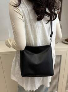 Fashionable Versatile Solid Color Vintage PU Shoulder Bag, Casual Simple Textured Bucket Bag