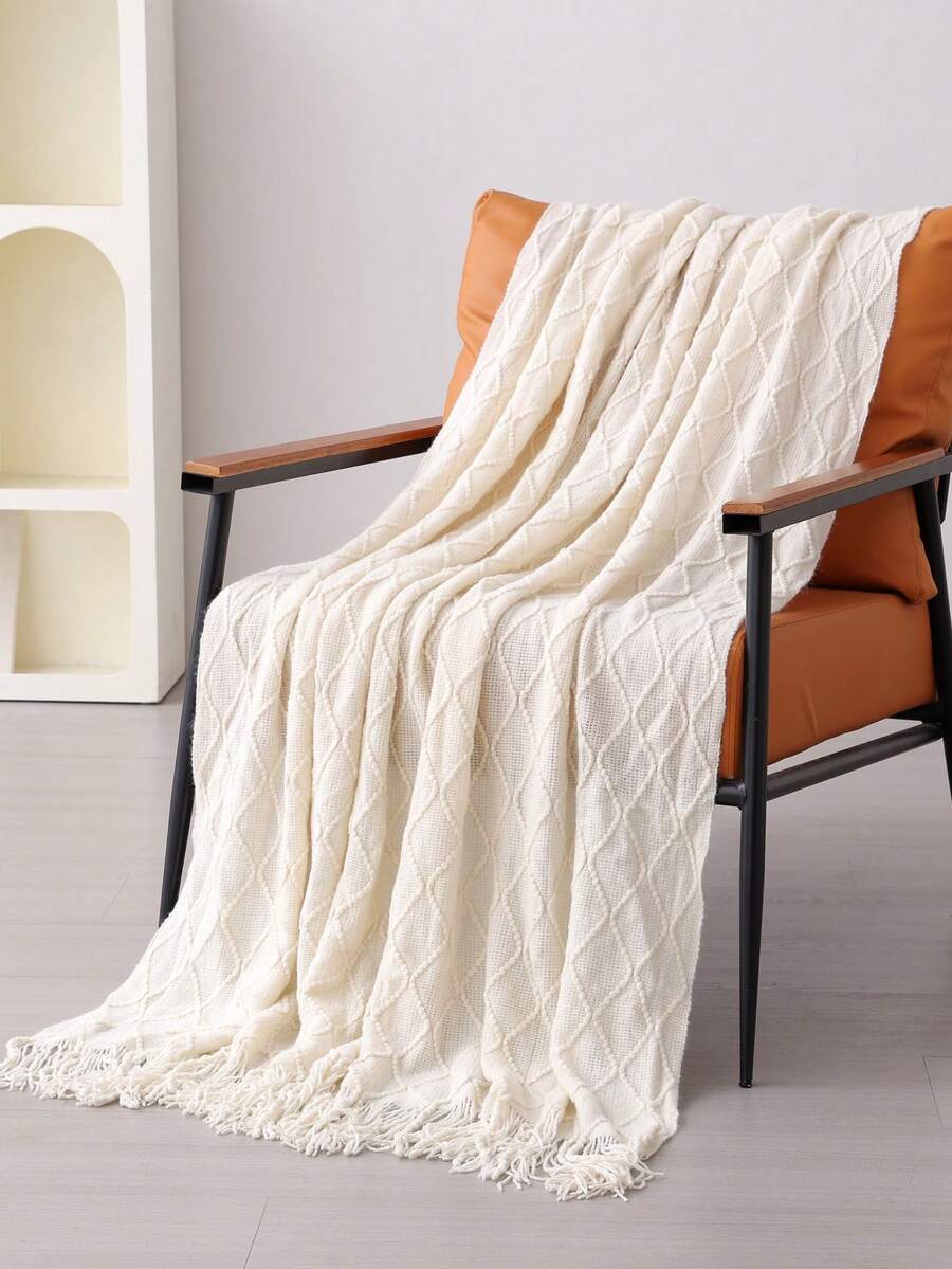SHEIN X Milania 1pc Solid Color Diamond Plaid Knitted Blanket, Scandinavian Style Acrylic Rectangular Minimalist Sofa Cover, Bedroom Leisure Throw - Beige - View 1