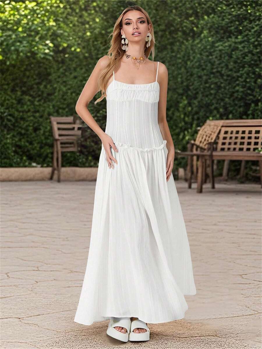 Women Long Dress Solid Color Spaghetti Strap Cami Dress Summer Fashion Sleeveless Casual Dress - 白色 - 查看 1