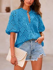 Women's Summer Top Fashion Casual Lantern Short Sleeve V-Neck Button Hollow-Out Lace Embroidery Shirt - Lake Blue - View 1