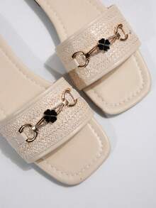 Sandalias planas deslizantes con decoración de lazo de perlas y lentejuelas de rhinestone de lujo para mujeres, aptas para uso casual, citas, fiestas y ir de commuting - Beis - Ver 7