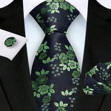 3 Piece Set: 8cm Floral & Patterned Necktie, Handkerchief, And Cufflinks Men's Necktie Set, High Quality Classic Business & Casual Tie Set, Men's Wedding Accessories, Family, Christmas, Party Gift