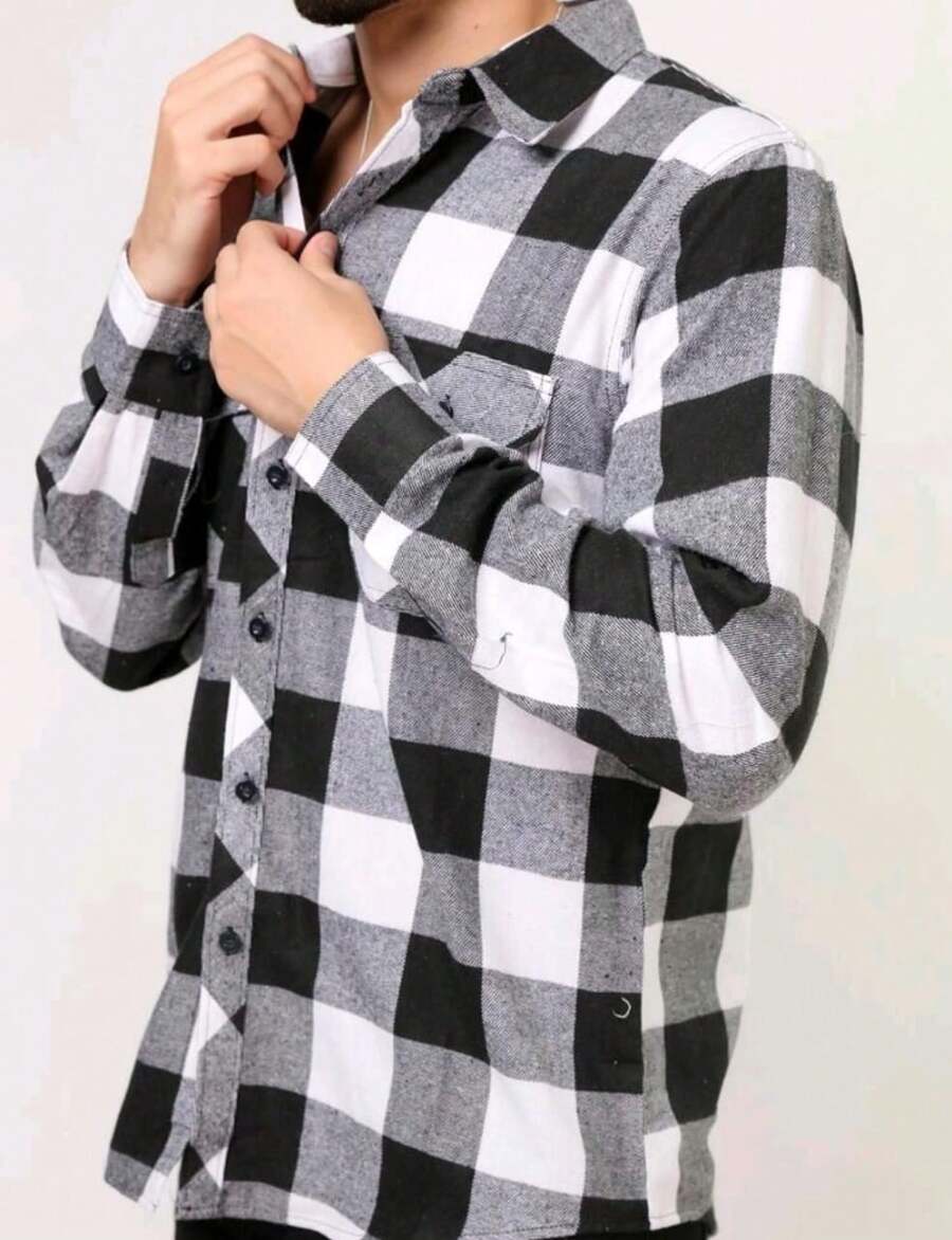 MEN'S CHECKED FLANNEL LONG SLEEVE SHIRTS TAKE ADVANTAGE - Black and White - View 1