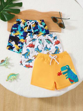 3 Pairs Casual Cute Little Dinosaur Print Shorts