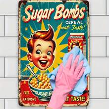 1 pieza Letrero de hojalata vintage "Fallout 3" Sugar Bomb Cereal - Decoración de pared de estilo granja, apto para el hogar, dormitorio, sala de estar | Estilo retro, sin necesidad de electricidad, placa de metal duradera con logotipo clásico e ilustración de un niño alegre, decoración de estilo universitario, perfecta para decoración de habitación, estilo de agujero aleatorio - Multicolor - Ver 4