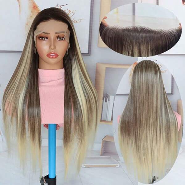 Peluca frontal de encaje con cabello de fibra resistente al calor, color marrón con efecto ombré rubio, raya en medio, puede ser teñida y rizada. Tamaño: 13 x 4 pulgadas. Color: marrón con raíces y rubio en las puntas.