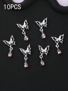 10 pezzi di decorazioni a forma di farfalla 3D, pendenti a goccia d'acqua, accessori per unghie, gioielli in lega 3D di colore argento e rosa, adatti per decorazione fai-da-te delle unghie