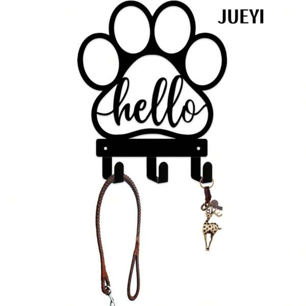 Dog Leash Wall Mount Holder - Wall Mounted Storage Organizer With "Hello" Decor, Key Hooks, Entryway Organizer, Paw-Shaped Hooks, Black