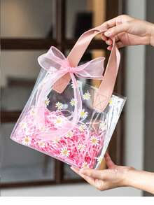 10-1pc Simple Double Handle Waterproof Flower Gift Tote Bag, Foldable Flower Bouquet Packaging Hand Carry Bag, Delicate Flower Box With Handle For Gift Wrapping, Small PVC Bag, Mini Transparent Gift Bag With Handle, Plastic Gift Bag With Handle Transparent Handbag, Rectangular Wedding Gift Packaging Bag - Multicolor - View 4