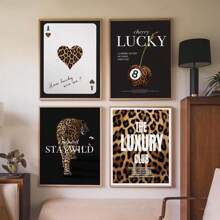 4pcs Vintage Leopard Wall Art Picture Luxury Magazine Cover Prints Canvas Paintings Lucky 8 Ball Poster Girly Aesthetic Decor For Bedroom, Living Room, Or Office ,Dorm Room Decor Gift For Her Umframed