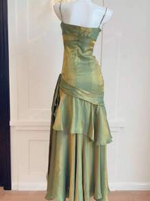 Vestido de fiesta de graduación con cintura estrecha perlada para mujer, con tirantes de espagueti, volantes, vestido de dama de honor para boda, vestido formal para fiesta y cóctel