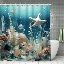 1/4pcs Seashell & Starfish Print Bathroom Set, Decorative Shower Curtain Set Including Curtain, Anti-Slip Mat, Toilet Cover, Bath Mat And 12 Plastic Hooks, Bathroom Accessories, Home Decor Home Bathroom Decor Summer Back To School