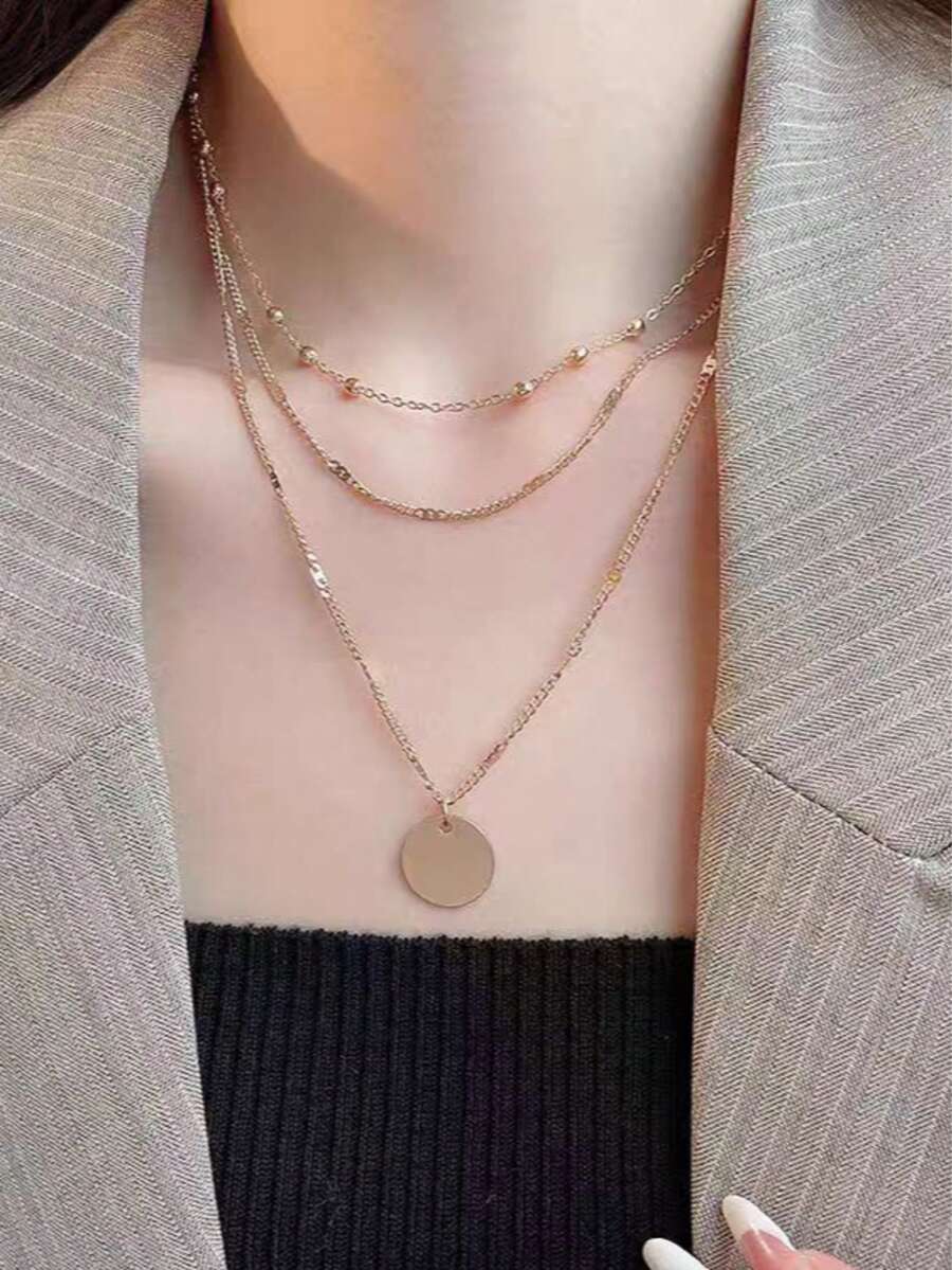 2pcs Fashionable Personalized Disc Pendant Multilayer Necklace Set For Women [Handmade Chain Length Customizable, Bead Quantity Varies] - Gold - View 1