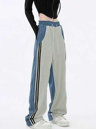 Dammode Casual, Pendlare Mångsidig Design Patchwork Denim Byxor med Vida Ben (Tunn Modell)