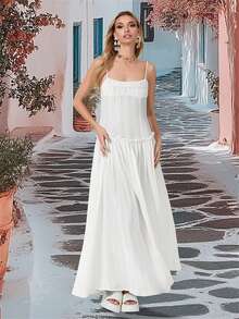 Women Long Dress Solid Color Spaghetti Strap Cami Dress Summer Fashion Sleeveless Casual Dress - 白色 - 查看 5