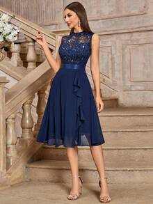 MIUSOL Turtleneck Sequin Floral Lace Sleeveless Ruffle Hem Cocktail Party Dress - Navy Blue - View 10