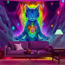 1 pièce Tapisserie murale imprimée avec un style de méditation mandala lumineux, un cosmos planétaire et un chat, en matériau polyester moderne. Décoration murale pour chambre, salon, bureau. Facile à installer.