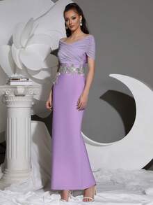 全新手工串珠水钻装饰 3D 花卉裹肩修身长款紧身连衣裙，优雅适合婚礼宾客、派对、庆典、晚礼服