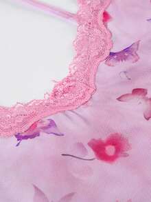 Lila Schmetterlings-Muster Patchwork Spitzen Trägerhemd Damen mit Trägern, Rückenausschnitt und kurzem Cropped-Top für Sommer, Strandurlaub, Y2K-Mode - Violett - Übersicht 6