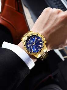 High-End Large Dial 3-Eye Steel Strap Men's Watch With Blue Sapphire Glass, Round Dial