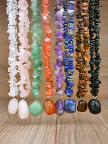 Vintage Natural Stone Pendant Necklace, Asymmetrical Boho Amethyst Crystal Choker Necklace, Suitable For Music Festivals Wear - Multicolor - View 8