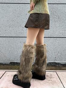 1 paire de jambières en fausse fourrure marron, couleur unie, style Y2K, toutes saisons, douillettes