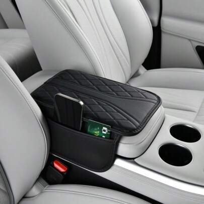 1pc PU Leather Car Armrest Box Mat, Available In Two Styles: Double-Sided Storage Pockets And No Pockets, 12.4in X 7.48in, Car Center Armrest Box Mat, Suitable For Car Interior Trim Accessories.