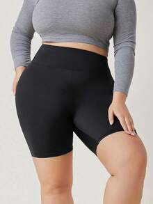 Plus Size Women Sports Shorts, Made Of Polyester Knit Fabric, Solid Color, All-Season Skinny Leggings, Elastic Waist, Short Length, High Stretch Fitness Tights, Suitable For Leisure And Workout - Black - View 2