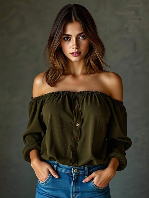 Women's Off-Shoulder Solid Color Casual Blouse - Button Detail Pullover Top For Date Night & Travel, Spring Summer Fall Everyday Versatile Outfits