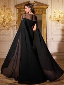 Vestido de noche de gasa con ajuste ceñido, cuello redondo, mangas de pieza flotante y bordado de lentejuelas para mujer, SUPGIR