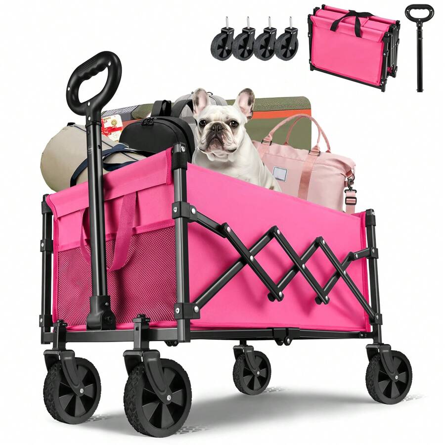 225 lbs opvouwbare handkar, afneembare wielen en handvat, lichtgewicht opvouwbaar ontwerp, geschikt voor buiten, tuin, boodschappen, winkelen, strand, kamperen (roze)
