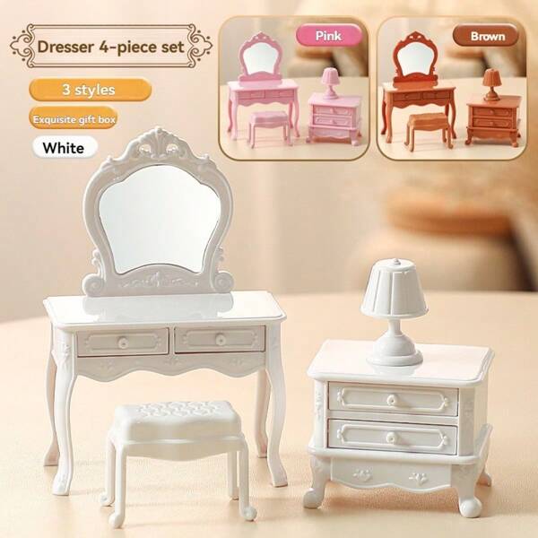 1 pezzo Set scatola di biancheria da toilette e comodino in colori bianco/rosa/marrone, set di mobili in miniatura colorati, mini comodino colorato, modello di mobili in miniatura, mini toeletta, modello di toeletta, decorazione per casa delle bambole, giocattolo da gioco di finzione, modello in miniatura, accessorio fotografico, modello di mobili realistico, giocattolo di plastica