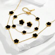 1 Set eleganter 5-Blatt Klee & Pflaumenblüte Edelstahl Halskette, 1 Stück Armband, 1 Paar Ohrringe Schmuckset, geeignet für täglichen Gebrauch oder Partytragen von Frauen, perfektes Geschenk zum Muttertag