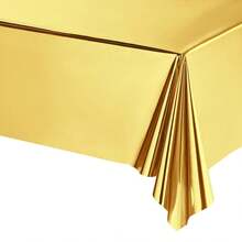 1pc Metallic Foil Disposable Tablecloth, Shiny Solid Color, For Birthday Party Decoration - Gold - View 2
