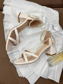 时尚百搭珍珠带青少年夏季派对高跟凉鞋 - 杏色 - 查看 9