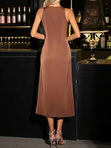 女士优雅纯色缎面无袖长裙，派对礼服，配鱼尾裙 - 棕色 - 查看 2