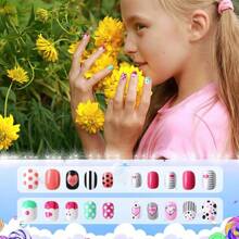 JANYUN 96 Pcs Kids False Nails - Press On, Full Cover, Short Nails In Blue Theme For Little Girls' Nail Art Decoration