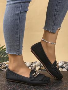 Casual Stylish Comfortable Metal Buckle Flat Loafers - Black - View 3