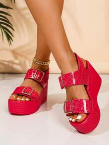 Sandali con zeppa e plateau, scivolo, punta aperta e tacco alto da donna, rossi, di moda, versatili, antiscivolo, con suola spessa, scarpe estive