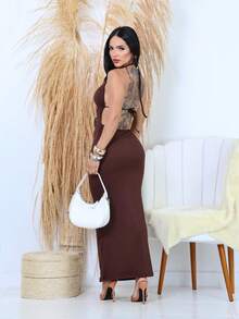 Elegant Long Dress With Padded Bra And Backless V-Neckline Ribbed 2025 - 鏽棕色 - 查看 3