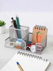 Caja de almacenamiento de papelería de unicolor, organizador de escritorio multifuncional minimalista, adecuado para estudiantes, suministros de oficina, temporada de regreso a la escuela, soporte de bolígrafo hueco para escritorio, papelería de estudiante Cubo de almacenamiento de rejilla colorida multifuncional de alambre de hierro redondo - Multicolor - Ver 5