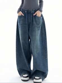 Women's Casual Loose Fit Wide Leg Denim Jeans With Pockets And Button Zipper Closure, Long Straight Leg Style, Slightly Stretchy Fabric, Perfect For A Vintage Or Casual Look - Rửa tối - Xem 6