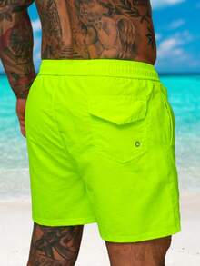 Men's Casual Solid Color Drawstring Waist Beach Shorts, Breathable - Yellow - View 4