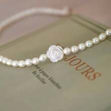 Beyonce Roses White Ivory Pearl Drop Flower Necklace - White - View 3