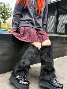 1 Pair Black Solid Color Fuzzy Faux Fur Leg Warmers, Y2K Style, All Seasons