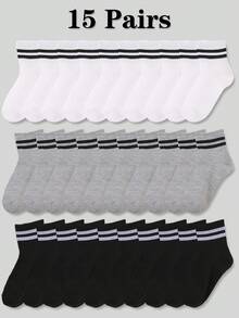 15 Pairs Kids' Socks - Classic Black White Gray Striped Crew Socks For Boys & Girls, Soft Comfortable School Socks, Teen Athletic Socks For Sports, Daily Wear, Back To School Essentials , Organic, Boneless Socks Quarter Socks - Multicolor - View 3
