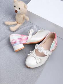 Zantong Children's High Heels, Pearl Bow Low Heel Thick Heel Ballet Latin Dance Shoes, Outdoor Party, Dance Party, Wedding Long Dress, Girl Princess Shoes, Fashionable Color-Blocking Daily High Heels, Suitable For (Children/Teenagers) - Red and White - View 4