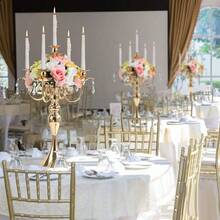 20.3'' Tall 5 Arm Gold Candelabra Centerpiece For Table, Metal &Crysyal Candle Holder, Retro Candelabra/Candlestick Table Centerpieces For Party, Events, Home, Wedding Decor (1pc, Gold)